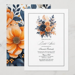 Convite Chá de Noiva Floral em Aquarela Azul Marinho e Lar