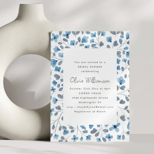 Convite Chá de Noiva Floral em Aquarela Azul Moderna