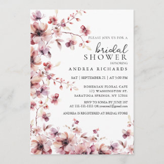 Convite Chá de Noiva Floral em Aquarela Burgundy e Rosa