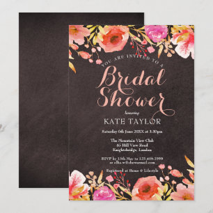 Convite Chá de Noiva Floral em Aquarela no Quadro Negro