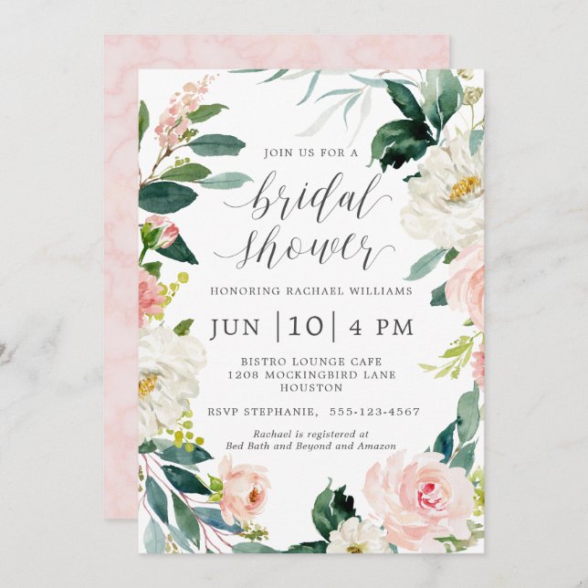 Convite Chá de Noiva Floral em Aquarela Rosa (Frente/Verso)
