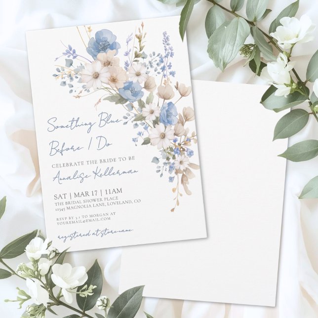 Convite Chá de Noiva Floral em Azul de Flores Silvestres (Wildflower Blue Floral Bridal Shower Invitation)