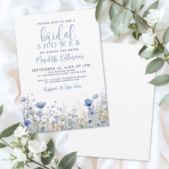 Convite Chá de Noiva Floral Flor de Campo Azul (Blue Wildflower Floral Bridal Shower Invitation)