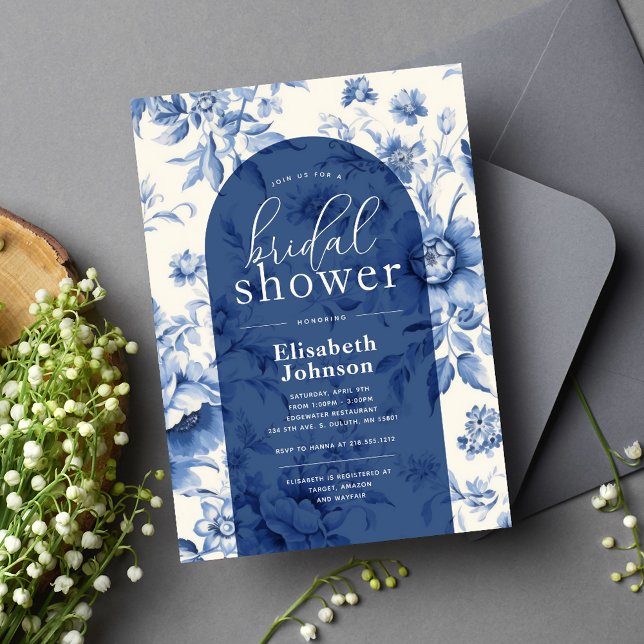 Convite Chá de Noiva Floral Francês Toile Azul (Criador carregado)