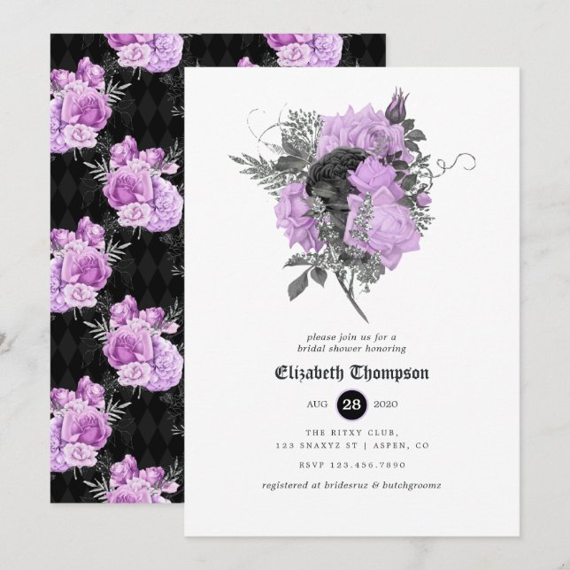 Convite Chá de Noiva Floral Gótico Preto, Roxo e Prata (Frente/Verso)