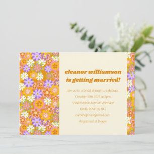 Convite Chá de Noiva Floral Laranja Roxo Groovy Retrô