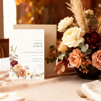 Convite Chá de Noiva Floral Outono Vintage em Borgonha e P