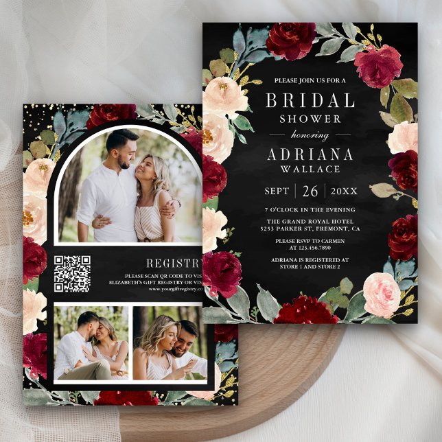 Convite Chá de Noiva Floral Pêssego Borgonha Código QR Pre (Criador carregado)