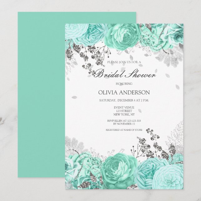 Convite Chá de Noiva Floral Prateado Aqua Elegante (Frente/Verso)