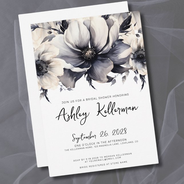 Convite Chá de Noiva Floral Preto e Branco (Elegant Modern Floral Black White Bridal Shower Invitation)
