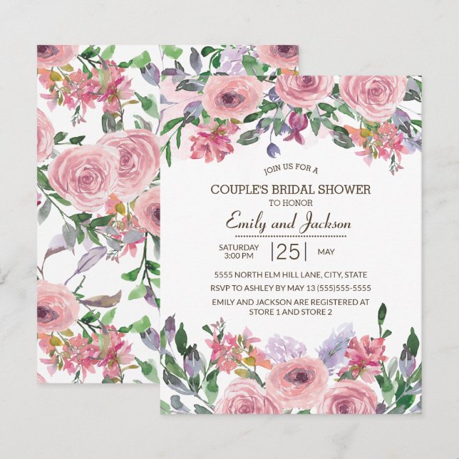 Convite Chá de Noiva Floral Primavera com Lavanda Rosa par (Frente/Verso)