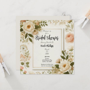 Convite Chá de Noiva Floral Quadrado Minimalista Elegante