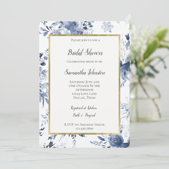 Convite Chá de Noiva Floral Romântico Branco Azul   (Em pé/Frente)