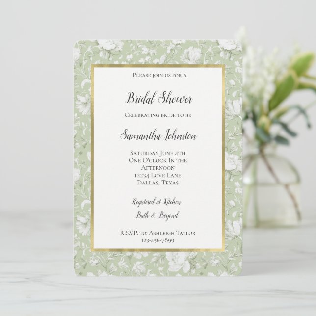 Convite Chá de Noiva Floral Romântico Verde Branco (Em pé/Frente)