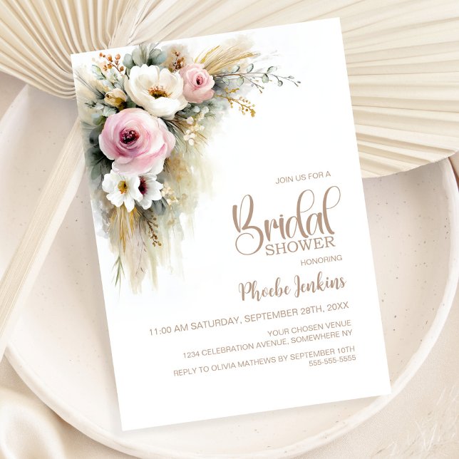 Convite Chá de Noiva Floral Rosa e Branco Rústico (Criador carregado)