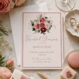 Convite Chá de Noiva Floral Rosa Empoeirado Borgonha