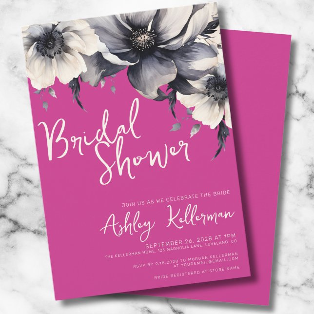 Convite Chá de Noiva Floral Rosa Vibrante (Magenta Pink Girly Elegant Floral Bridal Shower Invitation)