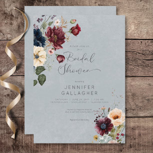 Convite Chá de Noiva Floral Rústico Azul Borgonha e Creme