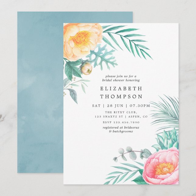 Convite Chá de Noiva Floral Tropical de Verão (Frente/Verso)