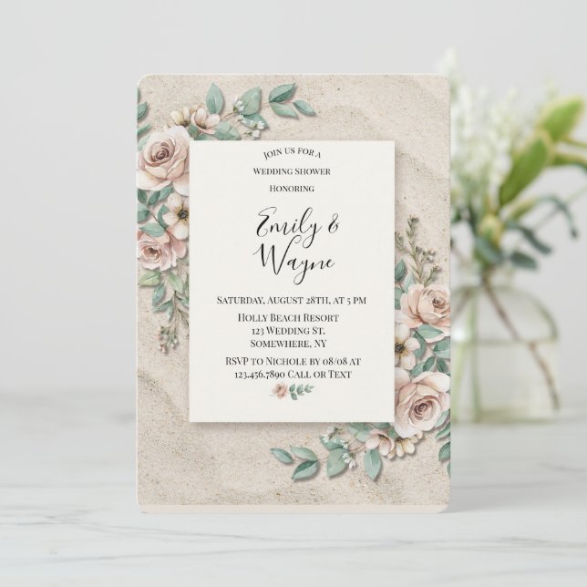 Convite Chá de Noiva Floral Verde de Sage de Areia (Em pé/Frente)