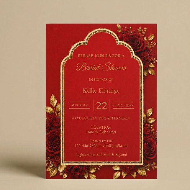 Convite Chá de Noiva Floral Vermelho e Dourado (Criador carregado)