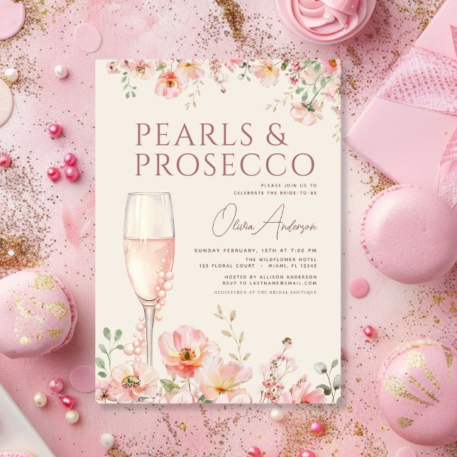 Convite Chá de Noiva Flores Silvestres Pérolas e Prosecco (Criador carregado)