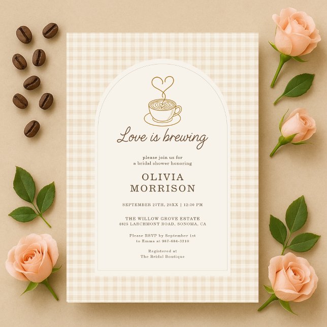 Convite Chá de Noiva Gingham Love is Brewing Coffee (Criador carregado)