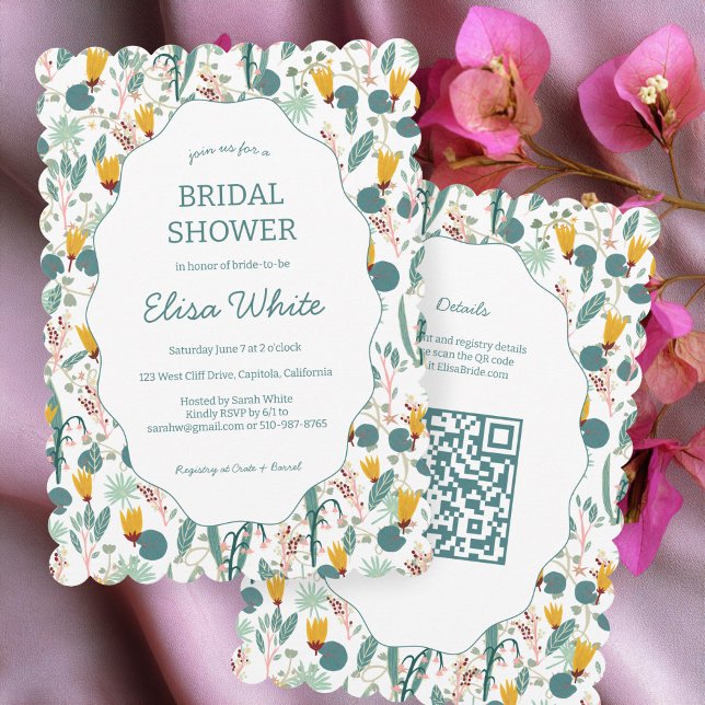 Convite Chá de Noiva Jardim Floral Água Personalizado QR F (Water Garden Floral Bridal Shower Cute CUSTOM QR Code Scalloped Invitation
)