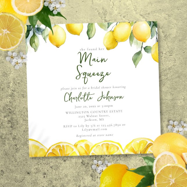 Convite Chá de Noiva Limão Aquarela Esmagamento Principal  (Modern Main Squeeze Watercolor Lemon Bridal Shower Invitation)