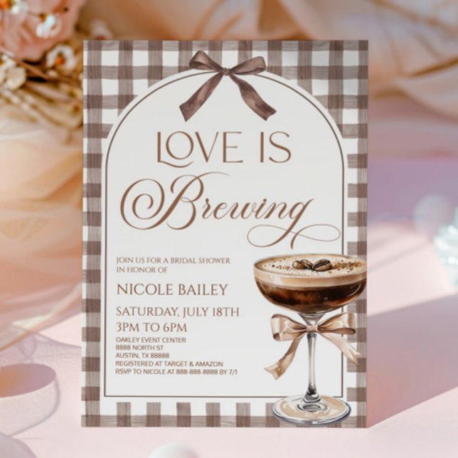 Convite Chá de Noiva Love Is Brewing Expresso Martini Laço (Criador carregado)