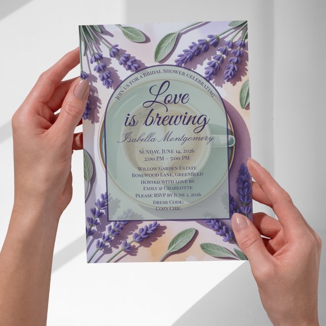 Convite Chá de Noiva Love Is Brewing Lavanda Latte (Love Is Brewing Lavender Latte Bridal Shower Invitation
)
