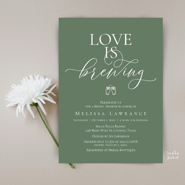 Convite Chá de Noiva Love Is Brewing | Letra Elegante (Love Is Brewing Bridal Shower | Elegant Script Invitation Card in Sage Green)