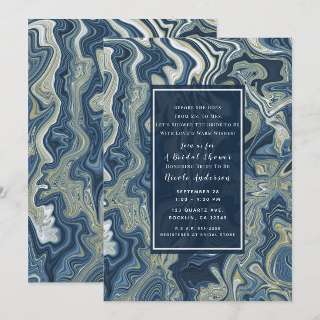 Convite Chá de Noiva Moderno Azul Branco Dourado Chic Swir (Frente/Verso)