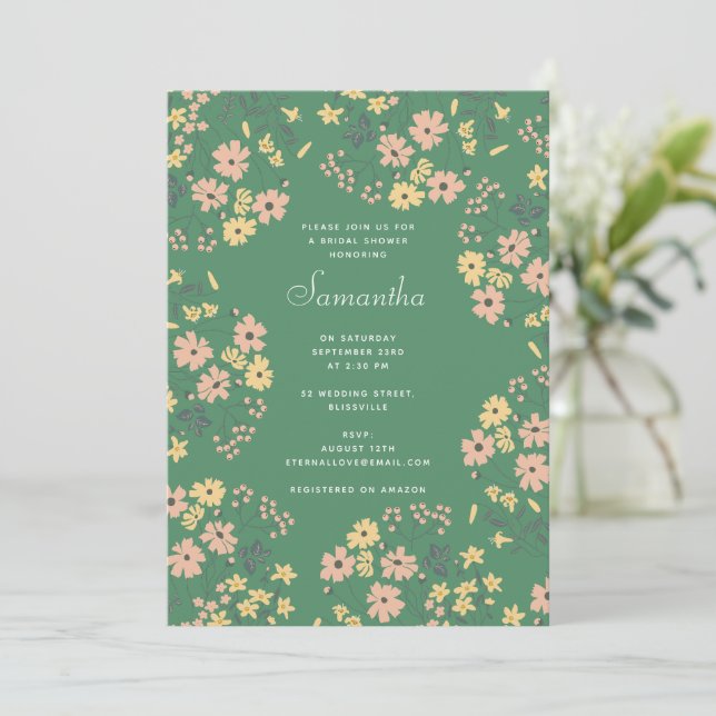 Convite Chá de Noiva Moderno Boho Padrão Floral Verde (Em pé/Frente)