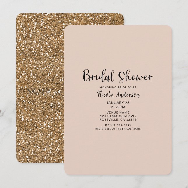Convite Chá de Noiva Moderno com Brilho Dourado Glamouroso (Frente/Verso)