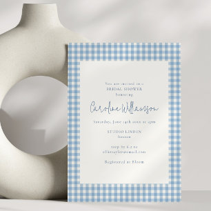 Convite Chá de Noiva Moderno em Xadrez Azul Gingham Suave