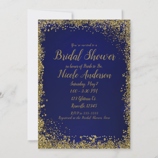 Convite Chá de Noiva Moderno Glamouroso com Brilho Dourado (Frente)