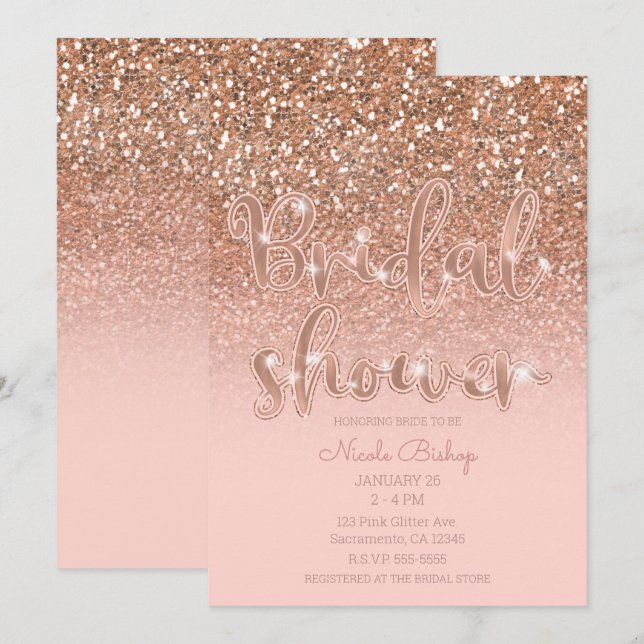 Convite Chá de Noiva Moderno Rosa Glam Glitter (Frente/Verso)