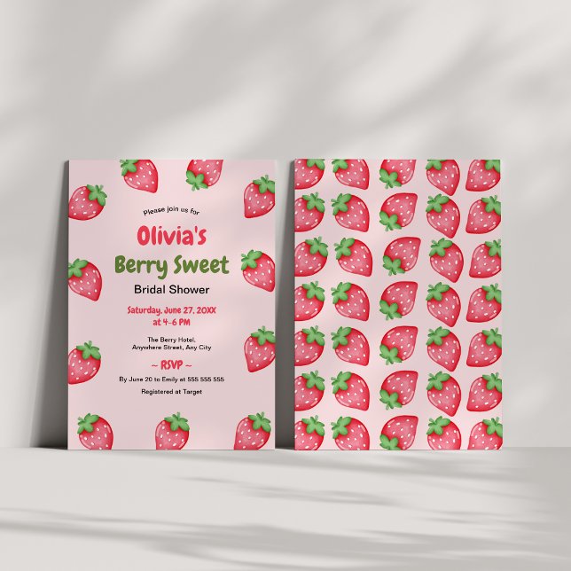 Convite Chá de Noiva Morango Doce Rosa Vermelho  (Berry Sweet Pink Red Strawberry Bridal Shower Invitation )