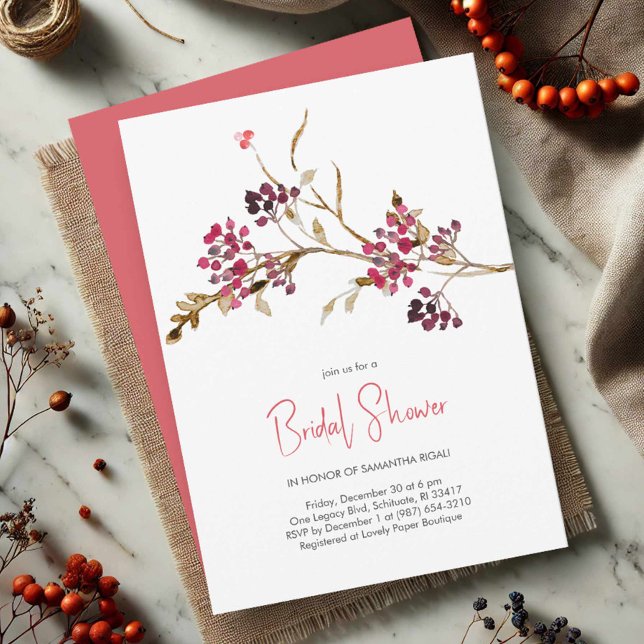 Convite Chá de Noiva Natalino Elegante (Rustic bridal shower invitations watercolor red berries and botanicals)