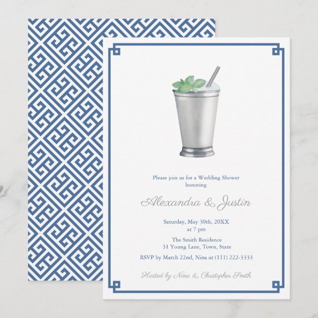 Convite Chá de Noiva Navy Blue & Silver Gray Mint Julep (Frente/Verso)