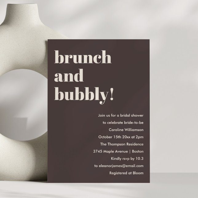 Convite Chá de Noiva Ousado Marrom Moderno Brunch Bubbly (Criador carregado)