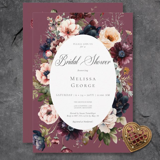 Convite Chá de Noiva Oval Floral Burgundy Escuro (Dark Burgundy Oval Floral Frame Bridal Shower Invitation)