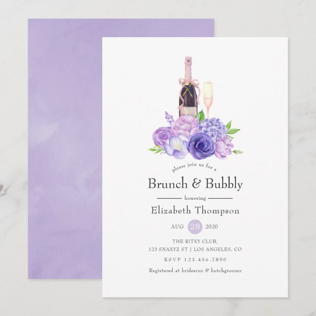 Convite Chá de Noiva Pastel Violeta Floral Brunch & Bubbly (Frente/Verso)