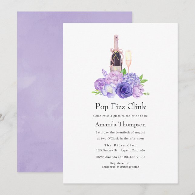 Convite Chá de Noiva Pastel Violeta Floral Pop Fizz Clink (Frente/Verso)