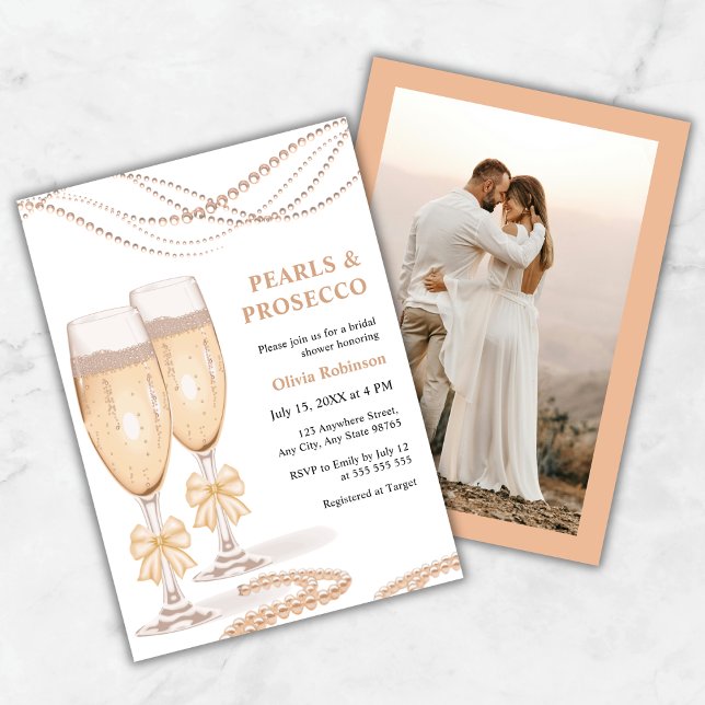 Convite Chá de Noiva Pérolas e Prosecco Arco Dourado (Photo Elegant Gold Bow Pearls and Prosecco Bridal Shower Invitation )