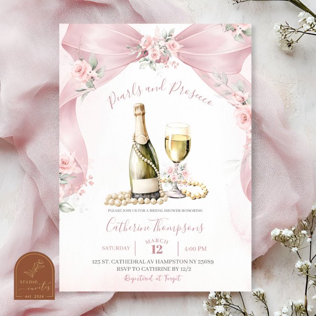 Convite Chá de Noiva Pérolas e Prosecco Coquette Rosa (Criador carregado)