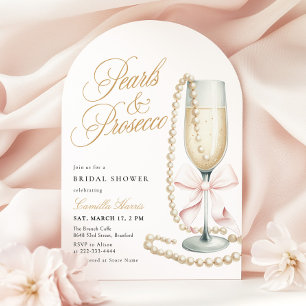 Convite Chá de Noiva Pérolas e Prosecco Laço Rosa