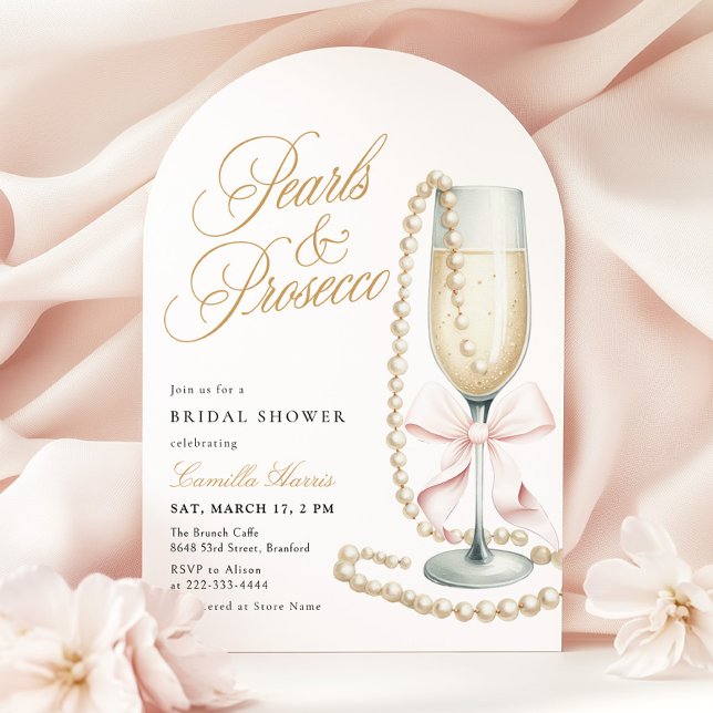 Convite Chá de Noiva Pérolas e Prosecco Laço Rosa (Criador carregado)