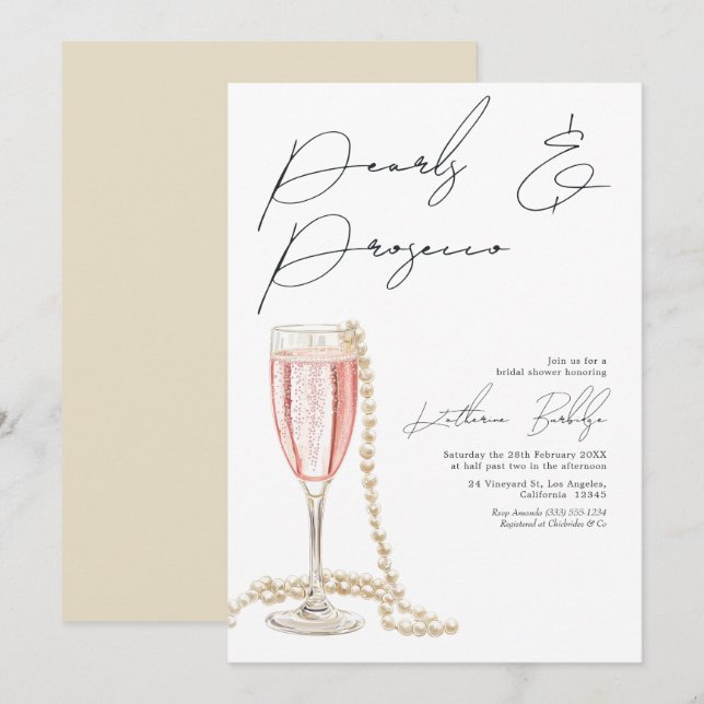 Convite Chá de Noiva Pérolas Elegantes e Prosecco (Frente/Verso)
